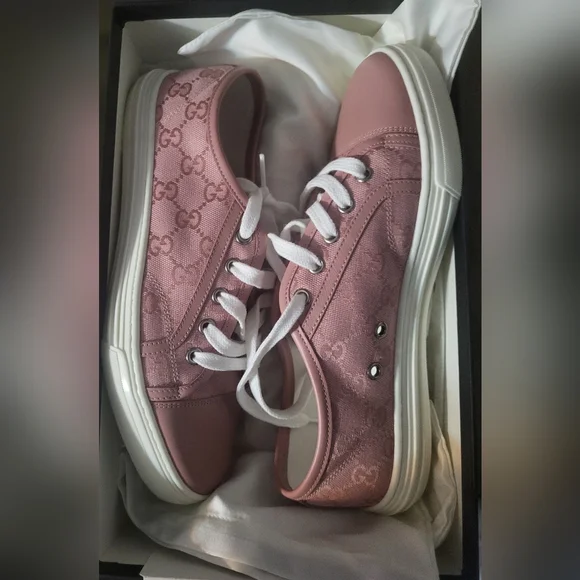 Gucci Monogram Women's Pink Lace-Up Sneakers - Picture 1 of 8